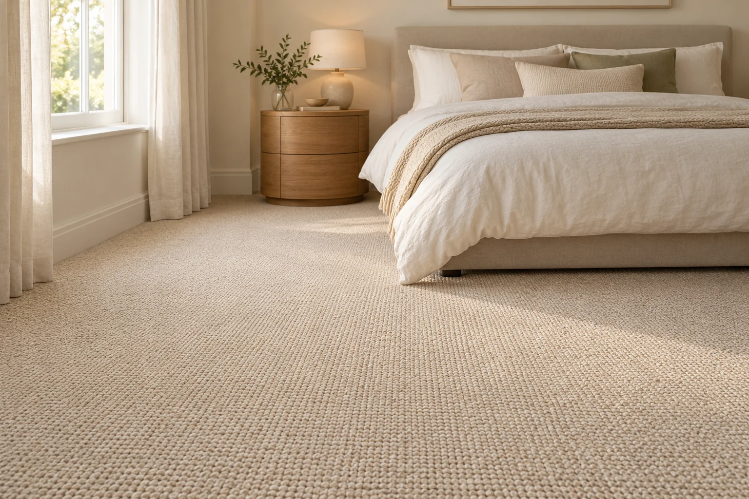 Quiet bedroom inspiration with soft neutral carpet